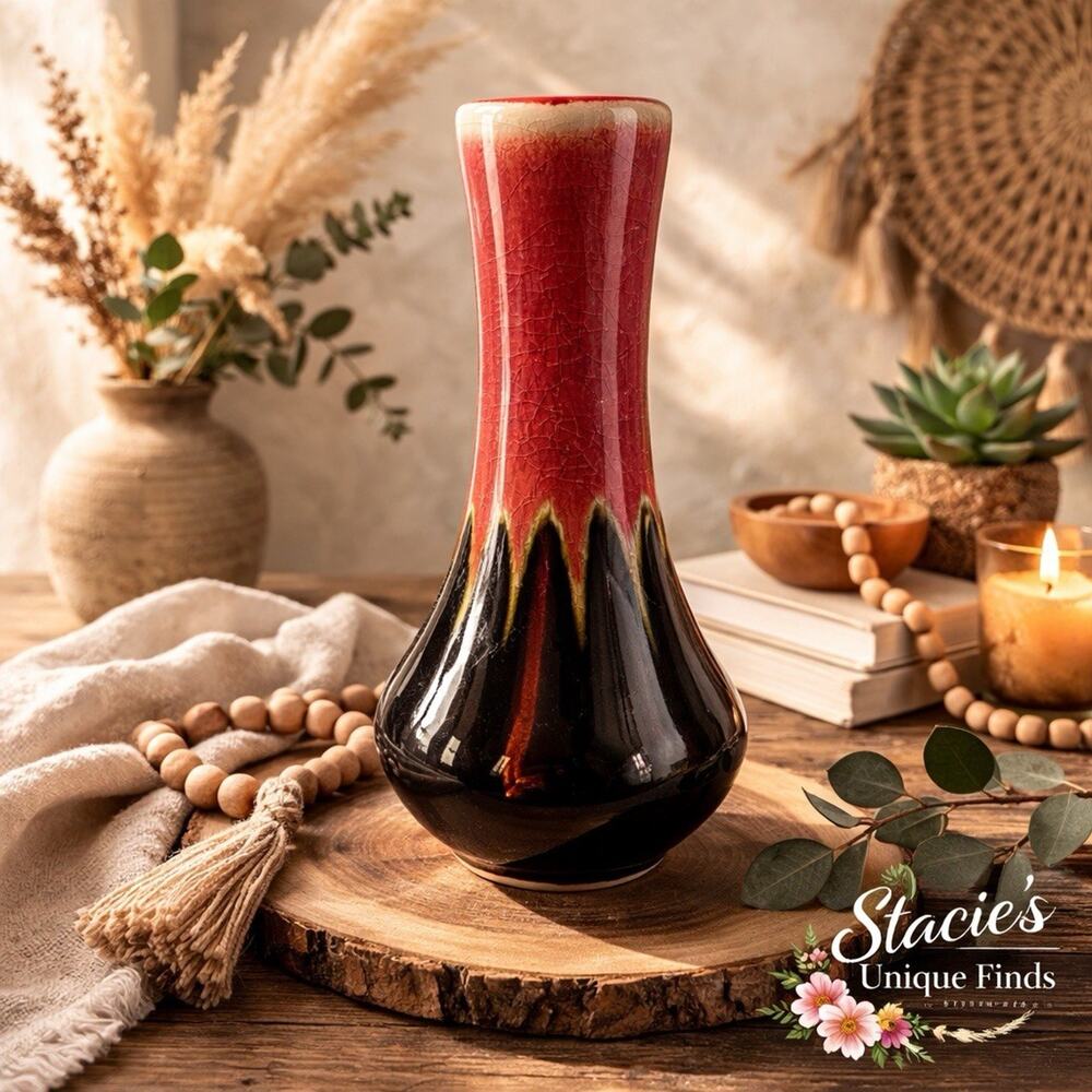 Hosley TM Potteries Red Black Drip Glaze Vase MCM 6.5”